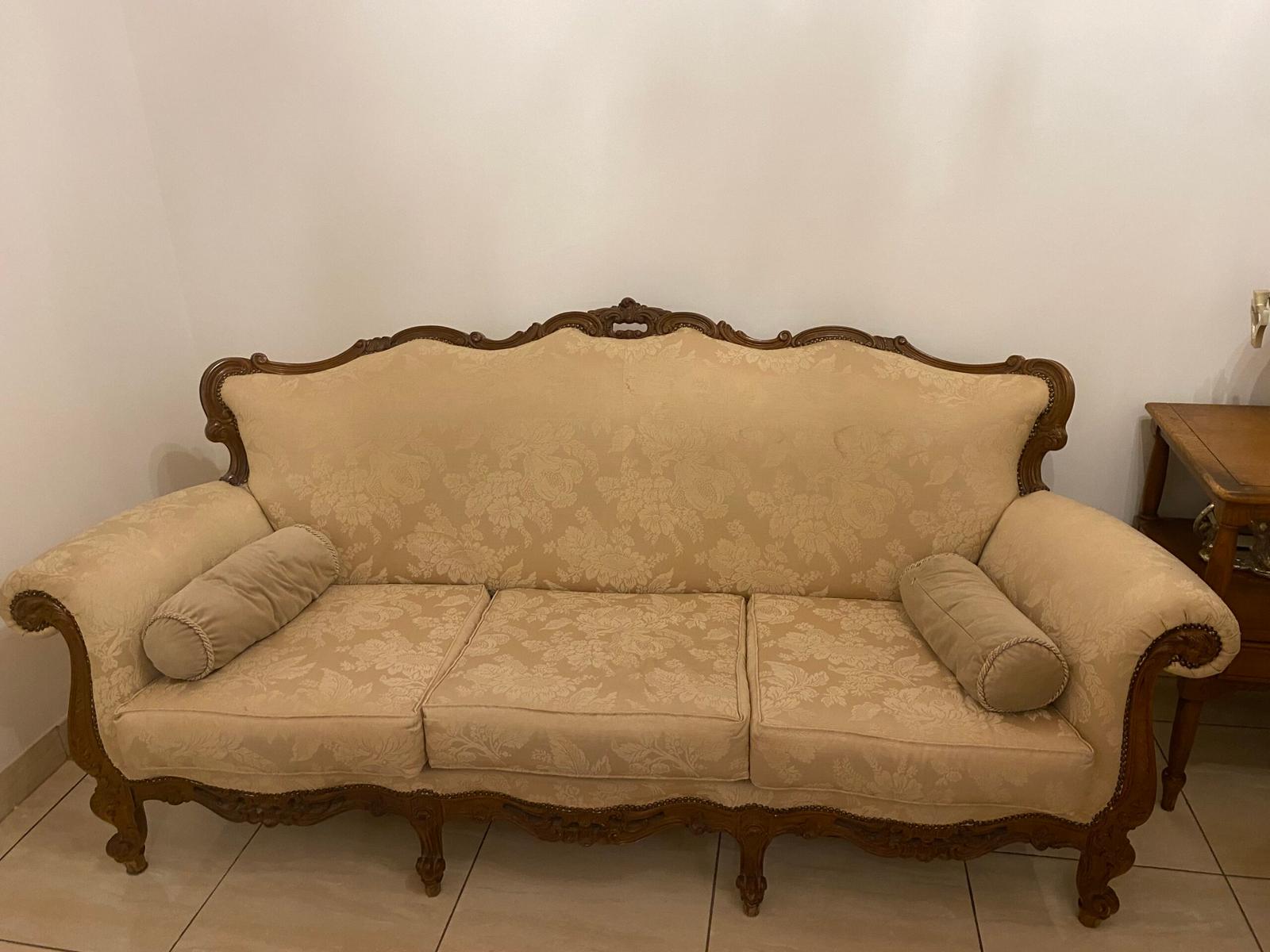 Three piece set comprising of two arm chairs and one sofa in very good to excellent condition.
