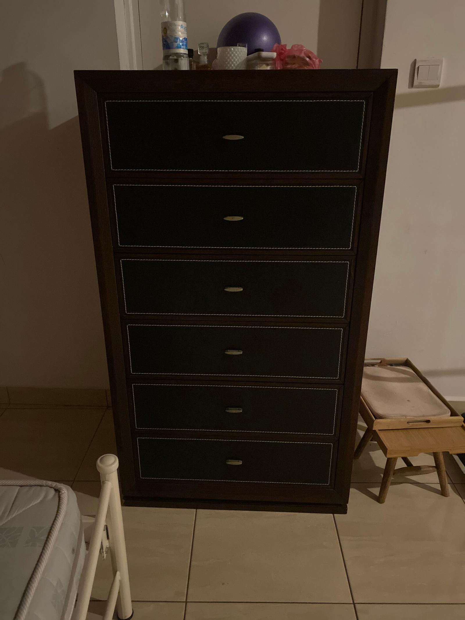 Wood and leather bound chest of drawers for sale in excellent condition.